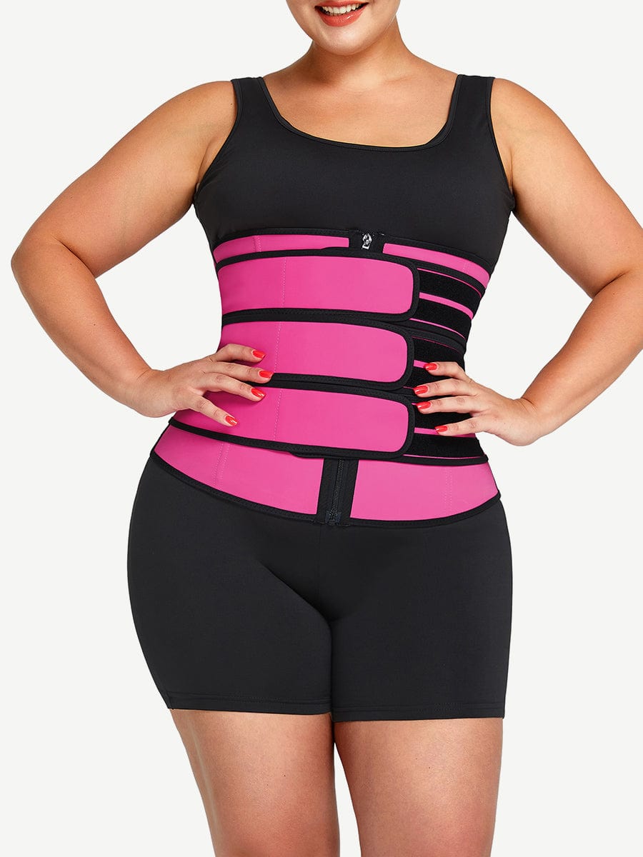 MT200070 — Ceinture gainante en latex rouge rosé avec zip et 7 baleines