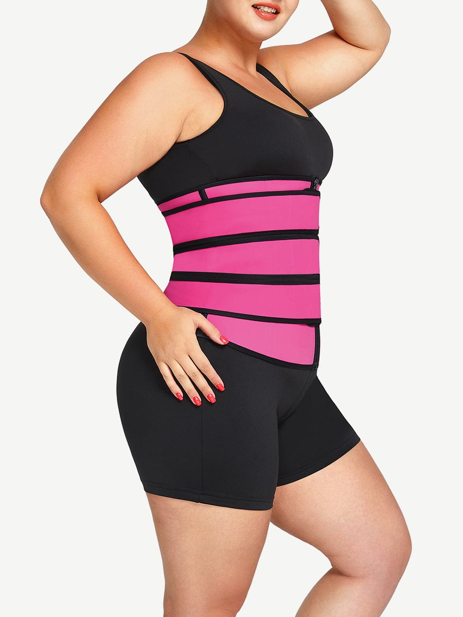 MT200070 — Ceinture gainante en latex rouge rosé avec zip et 7 baleines