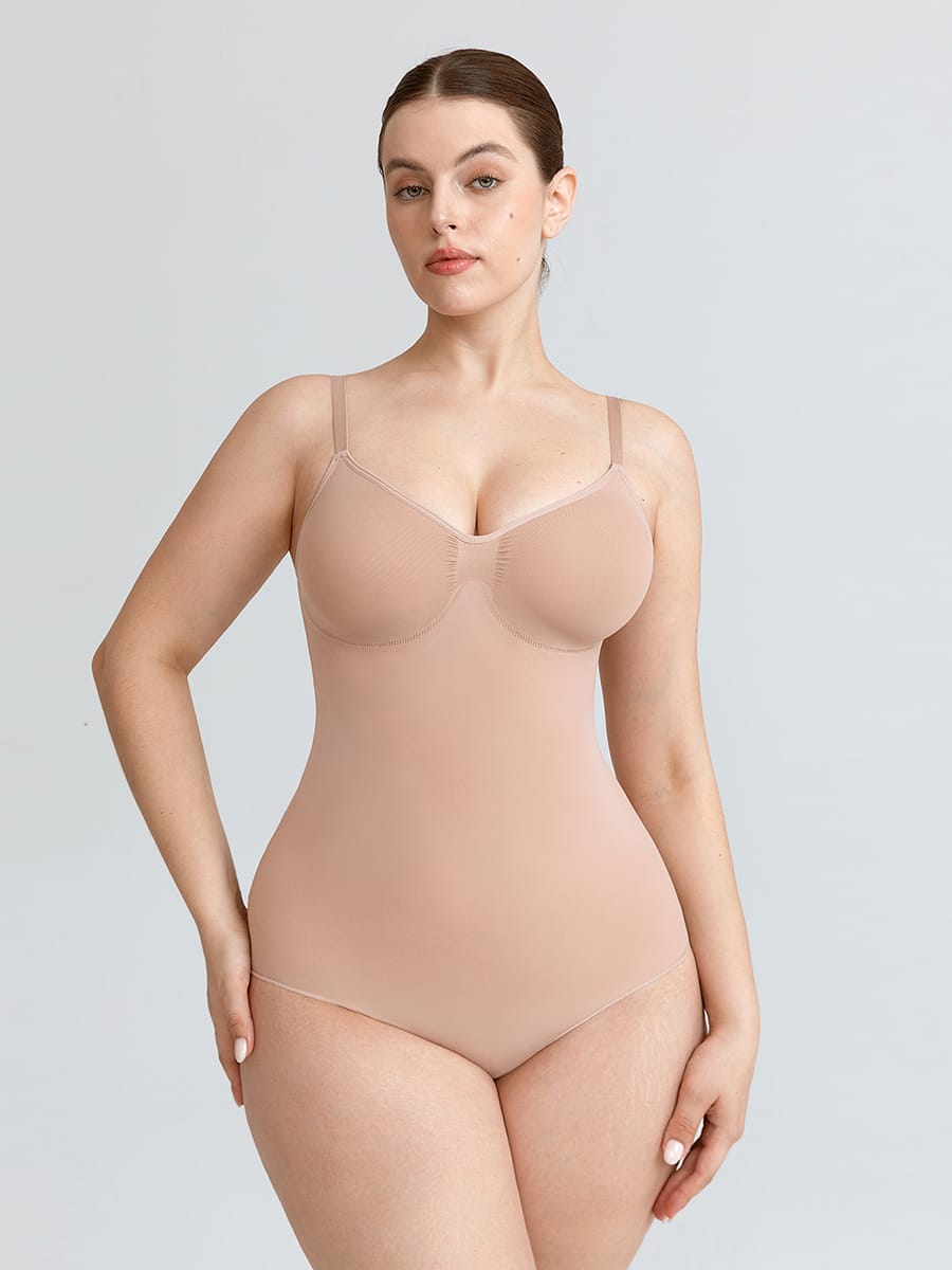 Seamless V-Neck Thong Bodysuit with Ruched Bust