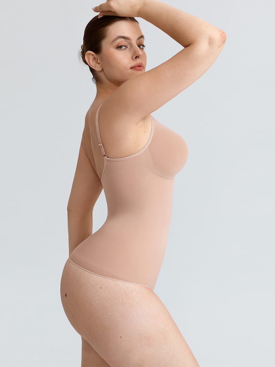 Seamless V-Neck Thong Bodysuit with Ruched Bust