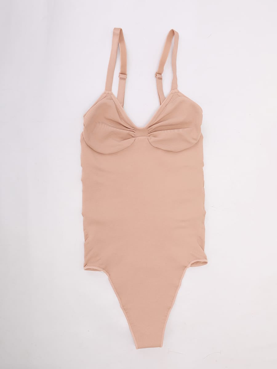 Seamless V-Neck Thong Bodysuit with Ruched Bust