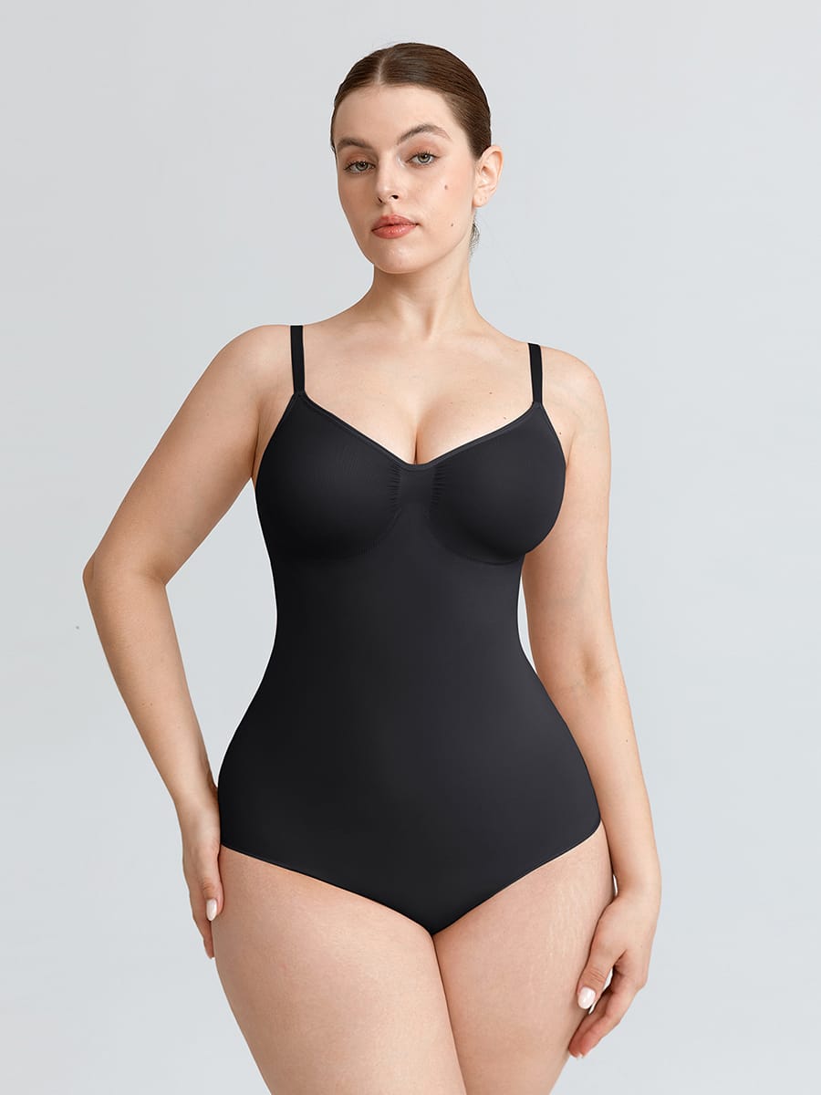 Seamless V-Neck Thong Bodysuit with Ruched Bust