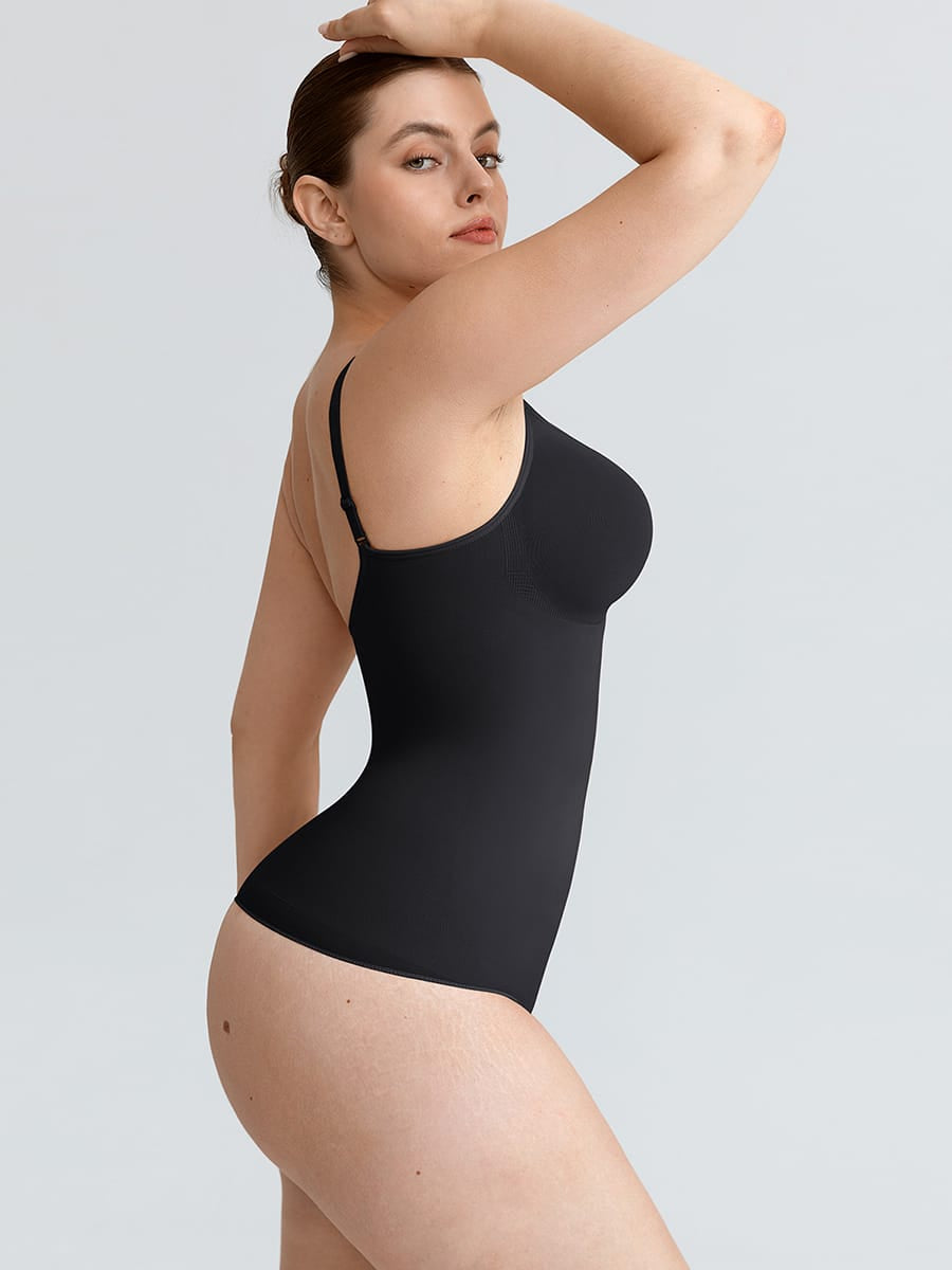 Seamless V-Neck Thong Bodysuit with Ruched Bust