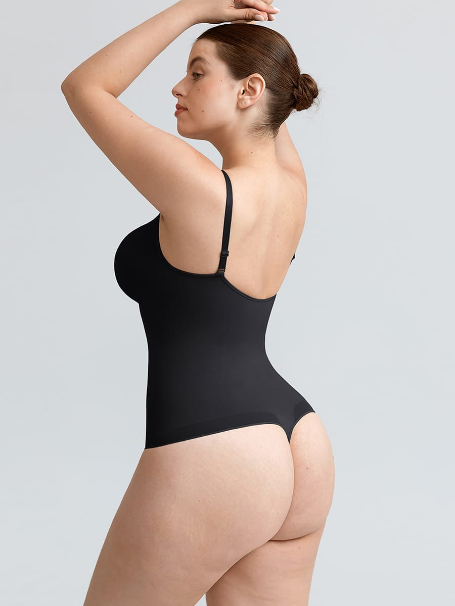 Seamless V-Neck Thong Bodysuit with Ruched Bust