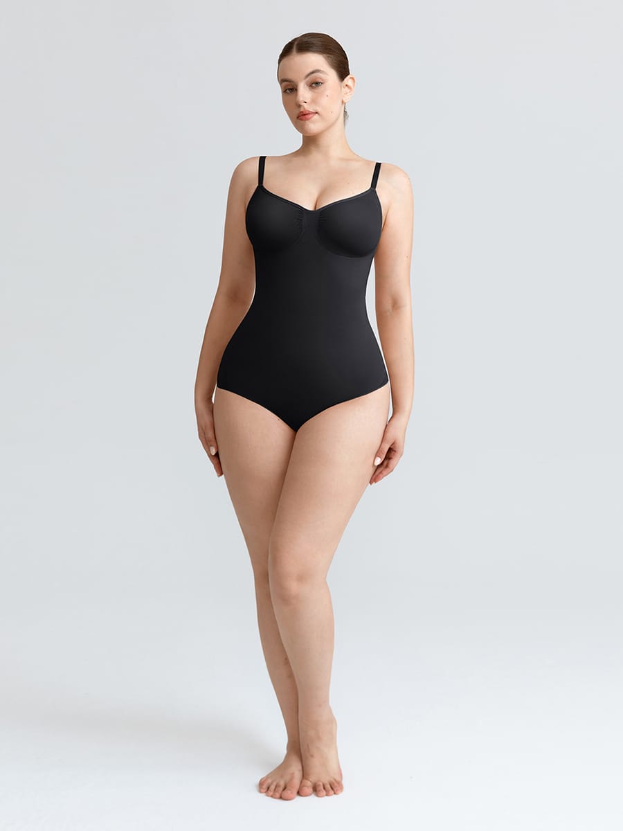 Seamless V-Neck Thong Bodysuit with Ruched Bust