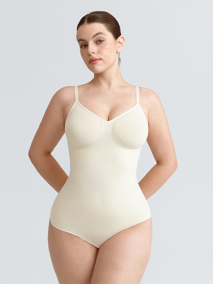 Seamless V-Neck Thong Bodysuit with Ruched Bust