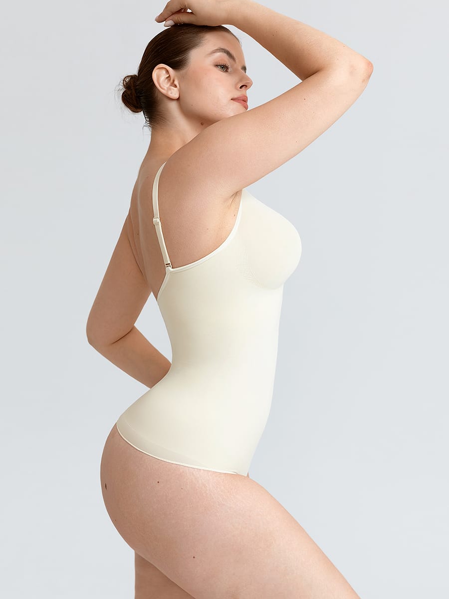 Seamless V-Neck Thong Bodysuit with Ruched Bust