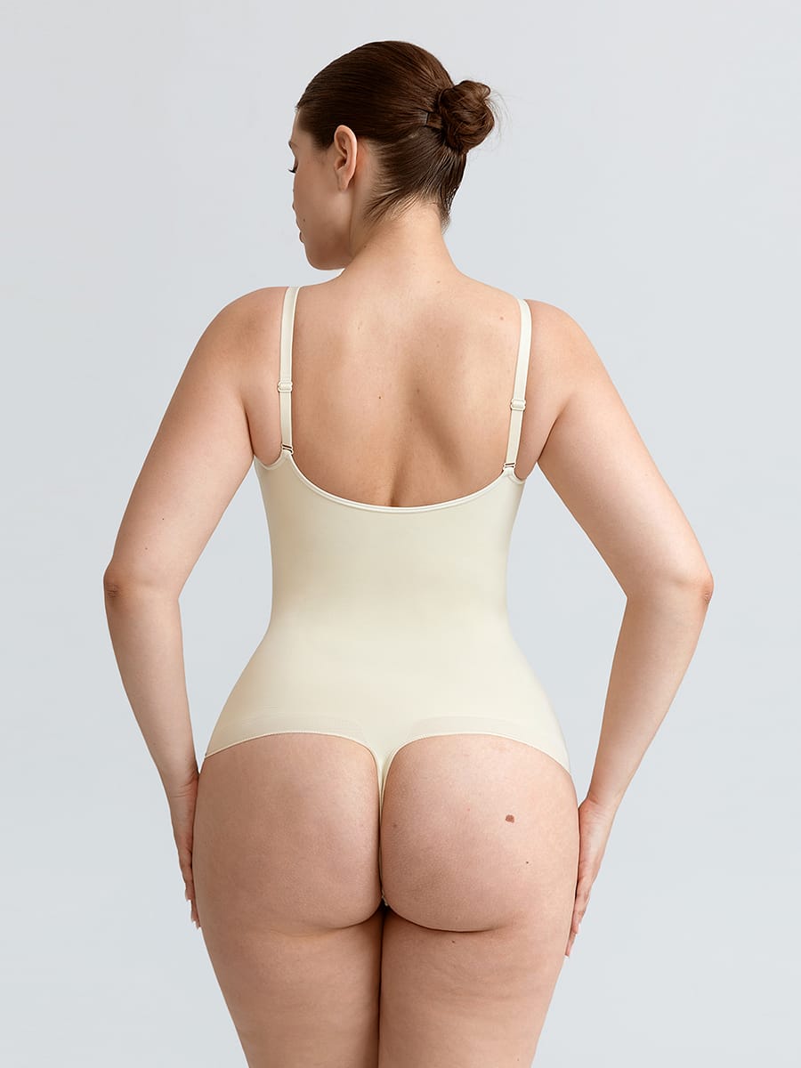 Seamless V-Neck Thong Bodysuit with Ruched Bust