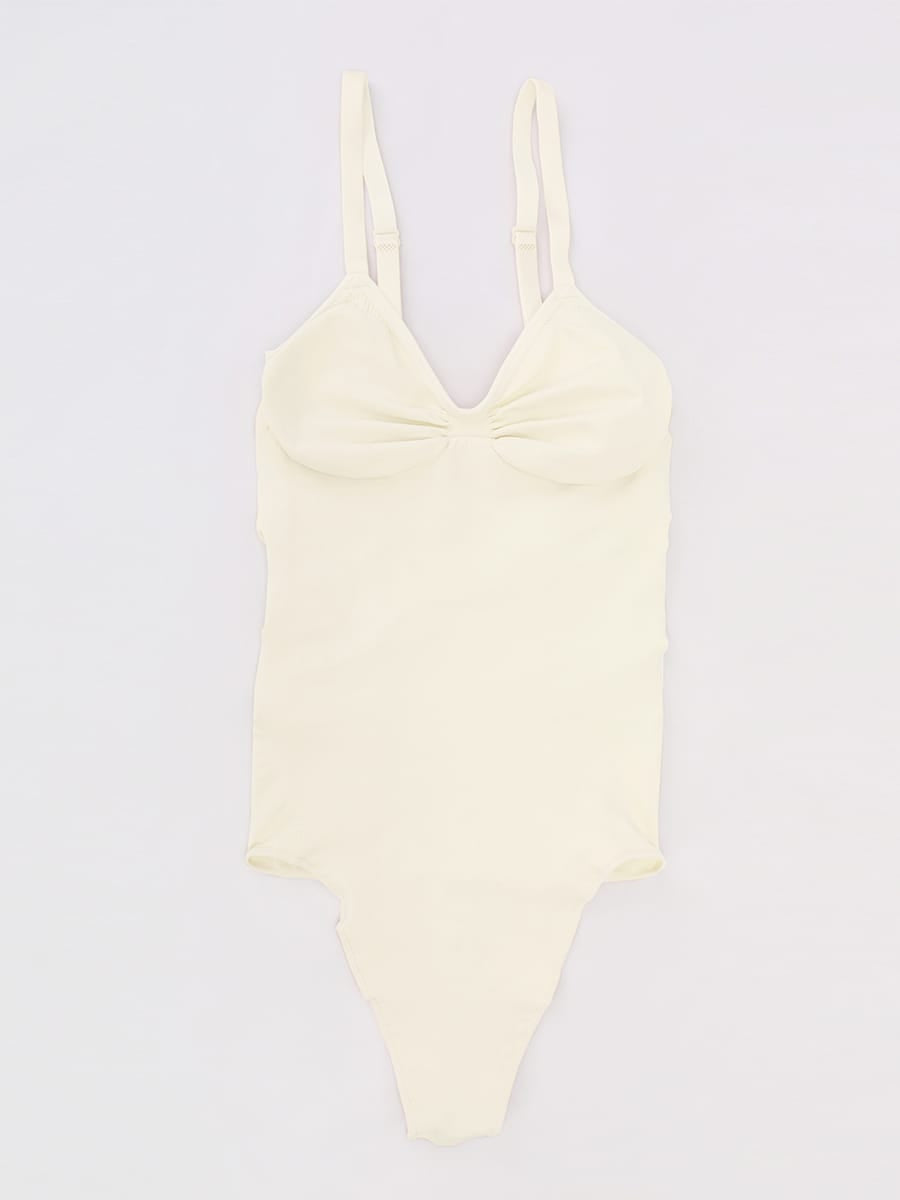 Seamless V-Neck Thong Bodysuit with Ruched Bust