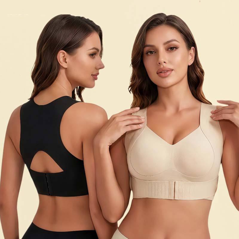 Soutien-gorge à fermeture avant, vue de face beige et vue de dos noire